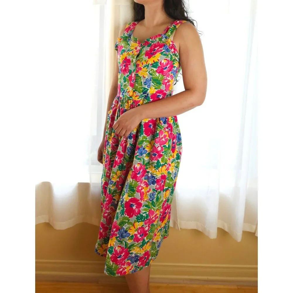 Vintage tropical cotton floral sleeveless midi dress, ruffle sweetheart neckline - Picture 4 of 13